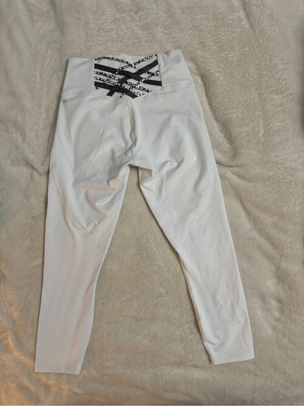 Fabletics White Leggings with Black Patterned Crisscross Waistband